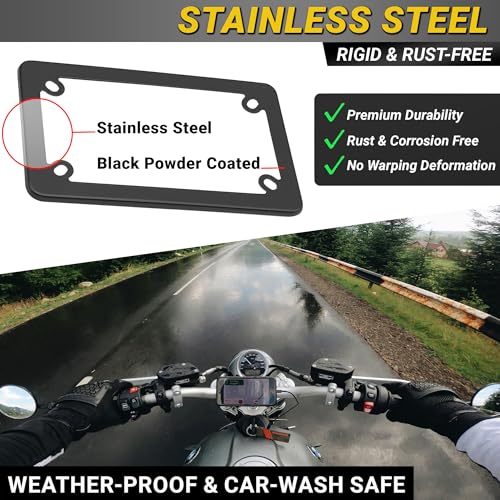 Image of Premium Motorcycle Matte Black License Plate Frame, Rust-Free Stainless Steel, Rattle-Free Thin Metal & Street Legal, Universal Fit Tag Holder for Harley Davidson, Bike, Scooter, Porta Placa Para Moto