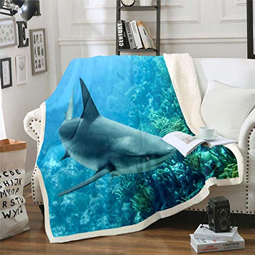 Loussiesd Shark Sherpa Blanket 3D Shark Printed Fleece Throw Blanket for Kids Boys Teens Sea Creature Marine Life Plush Blanket Underwater Animal Fuzzy Blanket for Sofa Bed Couch Single 50x60 Inch