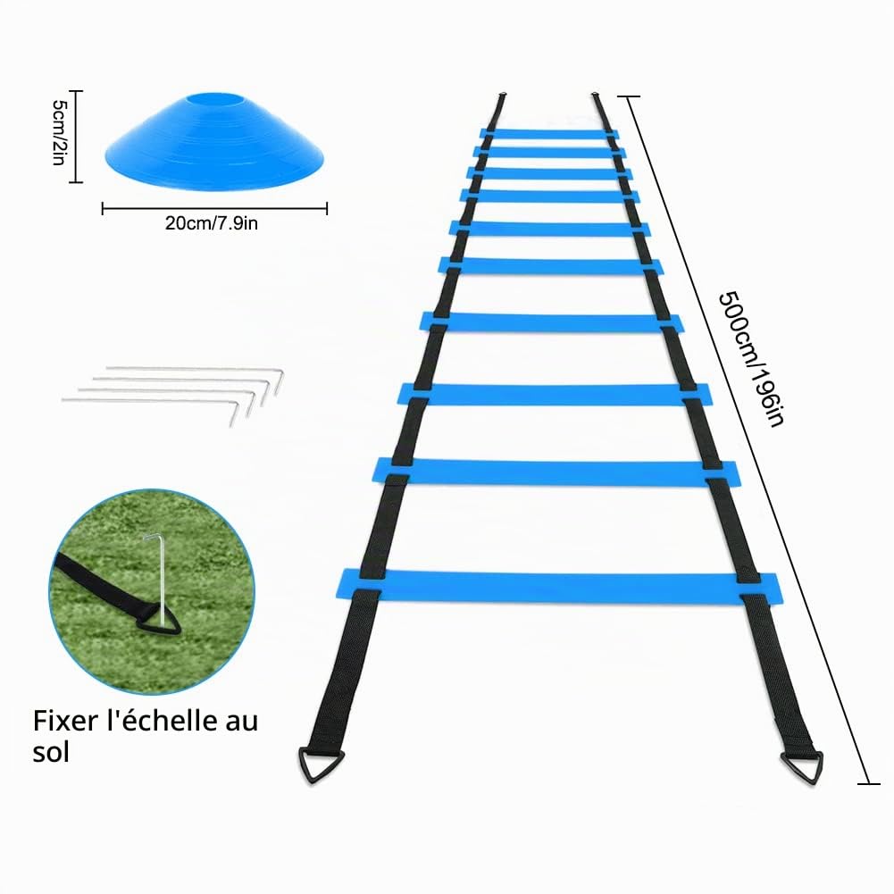 Set d'entraînement de football, set d'accessoires d'entraînement de football, Agility Speed Ladder, échelle de coordination de 5m, 10 x cônes pour slalom, parachute de résistance, corde à sauter