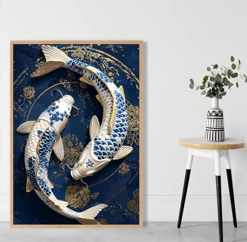Poster carpe koï style chinois 70x100cm retro sur toile sans cadre