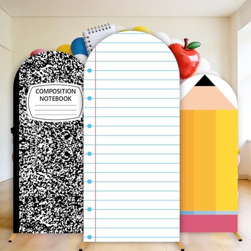 3 Pcs Back to School Composition Notebook Arch Backdrop Cover 4Ft 5Ft 6Ft Notebook Paper Pencil Fitted Round Top Arch Stand Cover First Day of School Background for Classroom Welcome Back Party Decor