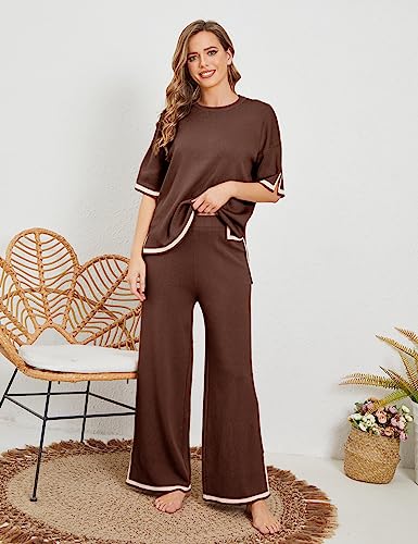 Image of Tanming Sweater Sets Women 2 Piece Lounge Sets Short Sleeve Knit Pullover Tops Wide Leg Pants