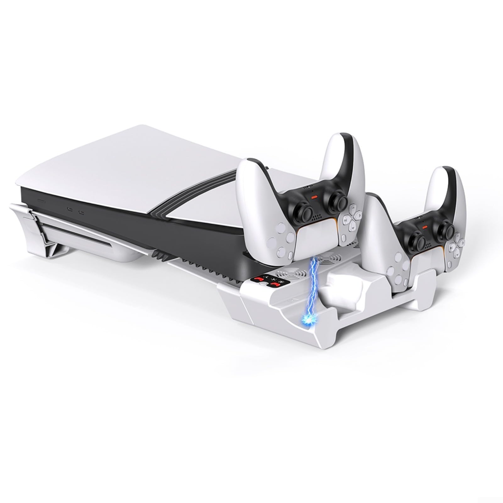 ZYNCUE Supporto di raffreddamento orizzontale bianco per console PS5 Pro/Slim, ventola a 3 velocità e doppio dock di ricarica, luci di stato a LED, design compatto in ABS