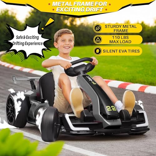 Blitzshark 24V Kids Go Kart 300W Drift Kart Powerful Electric Pedal Kart Outdoor Race Toy, with 2X150W Strong Motor, 7AH Big Battery, EVA Tires, Drift/Sports Mode, Brake Pedal, Length Adjustment, Gray