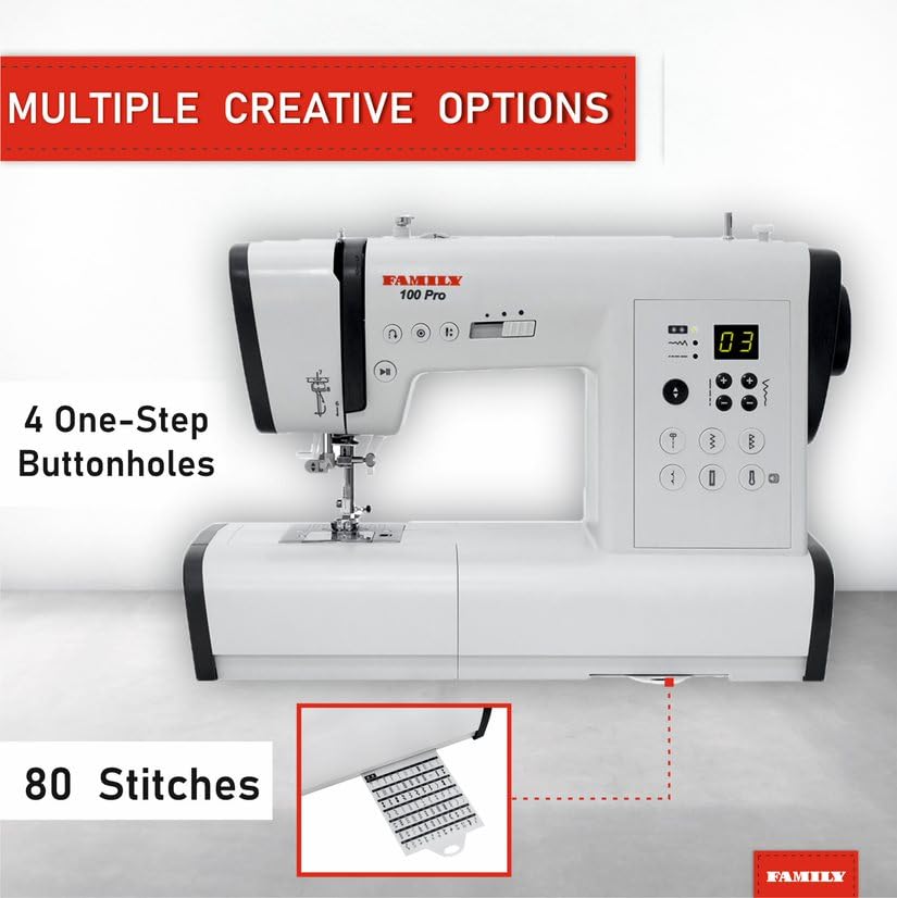 FAMILY 100 PRO|Computerized Easy-To-Use Sewing Machine with Top Loading Bobbin (Horizontal Rotary Hook), 163 Stitch Apllications, 80 Built-in Stitches, Accessory Kit and Foot Pedal, Extension Table
