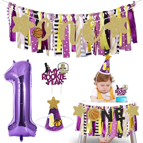Image of Basketball Highchair Banner for First Birthday Party Decorations | My 1st Rookie Year Basketball Banner for Boys Purple Gold High Chair Fabric Banner for One Birthday Backdrop Decorations