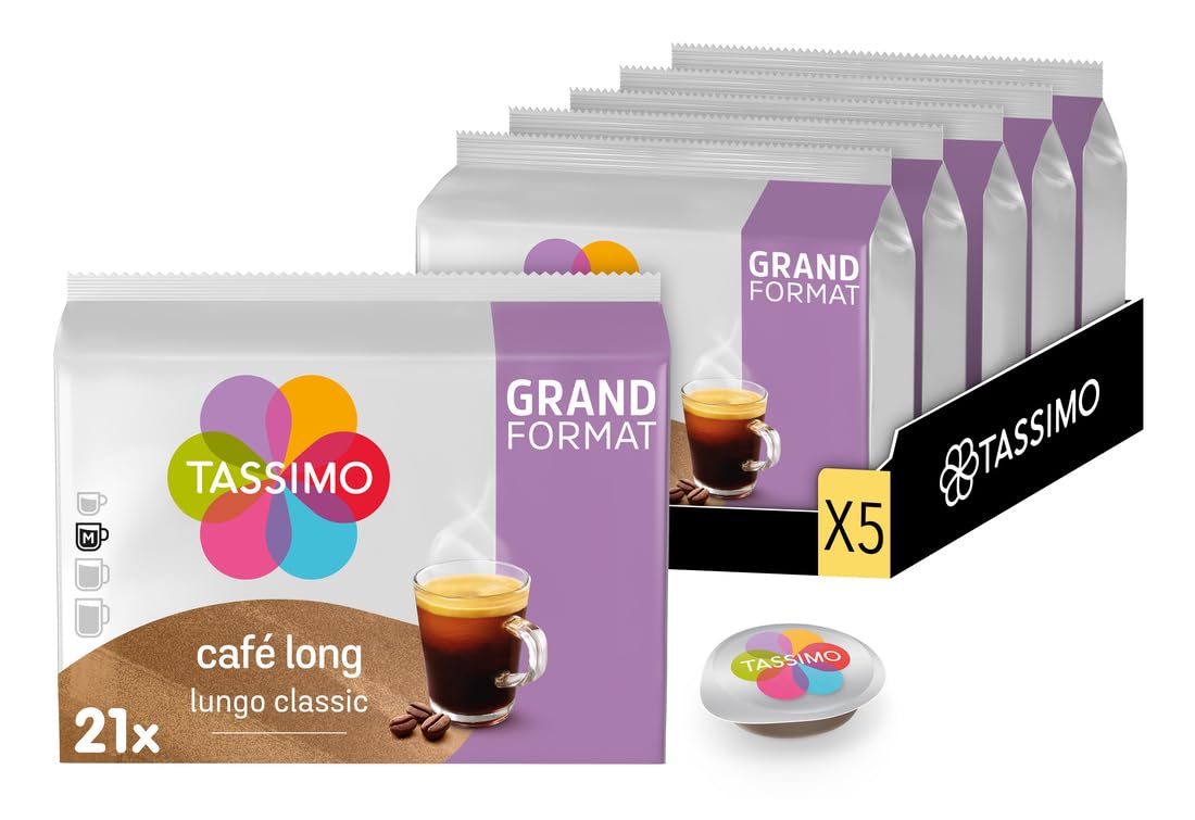 Tassimo, 105 Dosettes Café Long, Compatibles avec les machines TASSIMO, 105 Cafés Rond et aromatique, 5 packs de 21 dosettes