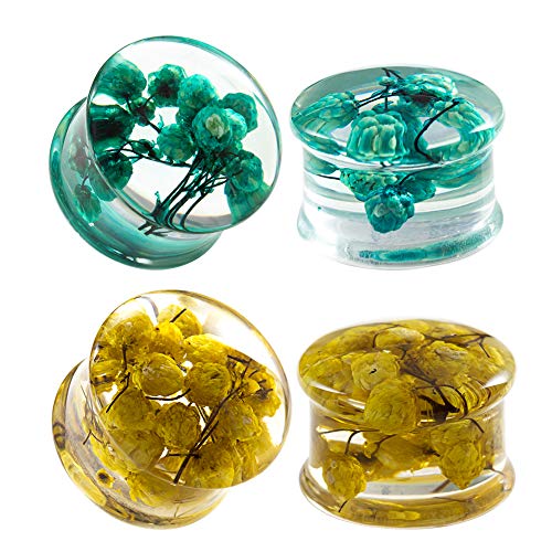 COOEAR 2 Pairs Ear Gauges Piercing Saddle Plugs, Double Flared Flesh Tunnels, Acrylic Flower Logo Earrings Elegant Stretchers.