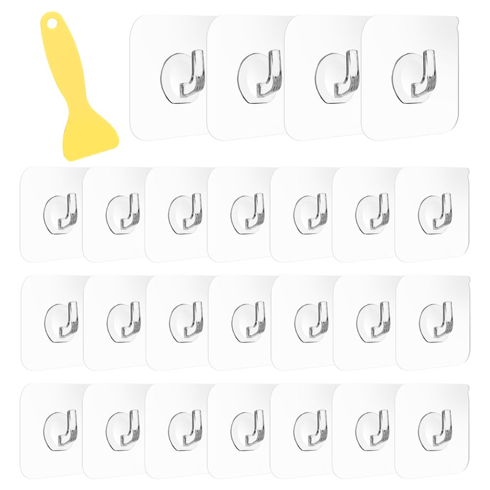 KINDOYO 25 Pieces Transparent Self-Adhesive Hooks - Waterproof Adhesive Hooks Multifunctional with Scraper for Kitchen Bathroom Bedroom