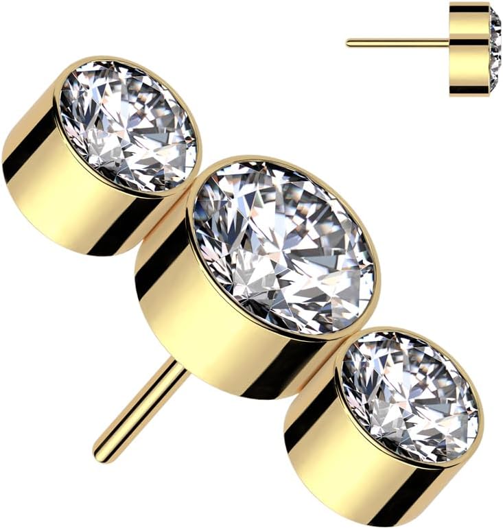 F136 Implant Grade Titanium Threadless Push In 3 Round Bezel Set CZ Top for Threadless Posts
