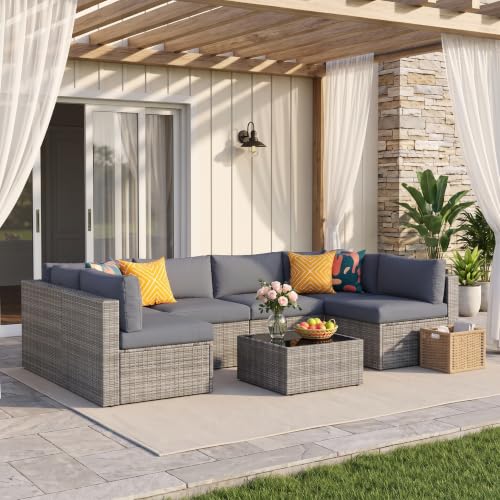 Image of Wisteria Lane 7 Pieces Wicker Patio Furniture Set, All-Weather Patio Sectional Sofa with Coffee Table, Outdoor Sectional Furniture for Garden Backyard, Grey