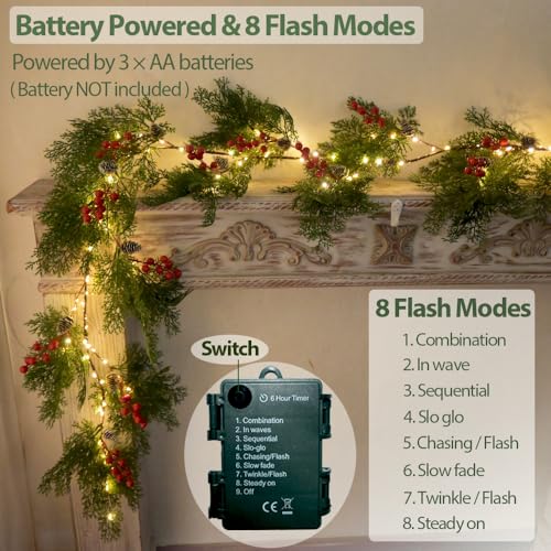 Image of 2025 New 6.56FT Christmas Garland Lights with 96 LED 8 Flash Modes Battery Operated Cypress Garland with Timer Lighted Xmas Pine Garland Christmas Decor for Mantle Fireplace Table Stairs Holiday