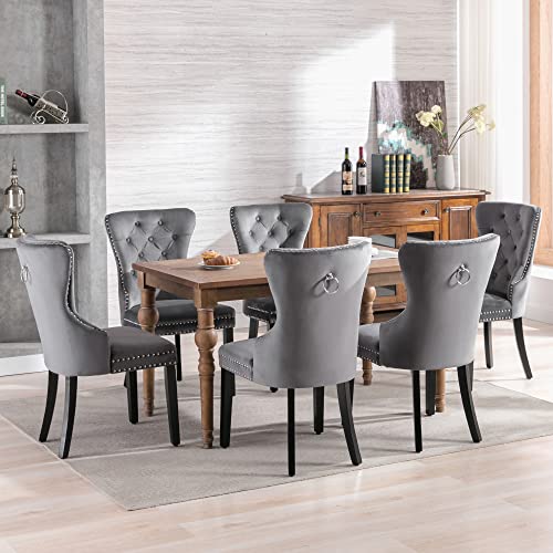 Merax Esszimmerstuhl 6er Set, Moderne Polsterstuhl mit hoher Rückenlehne und Nagelkopfbesatz, bequemer Wohnzimmerstuhl aus Samt, für Arbeitszimmer, Küche, Schlafzimmer, Eichenbeinen, Grau Cover