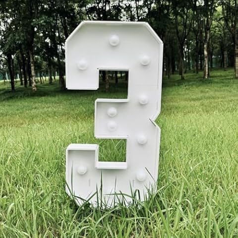 3FT/36 Inch Light Up Marquee Number 0-9, White Frame KT Board Plug-in KT Board With Bracket Warm LED Party Decorative Light Decoration For Birthday Party Anniversary (3) Cover