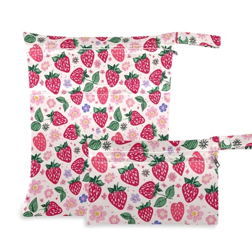 Coikll Wet Dry Bags for Cloth Diaper 2 Pack Waterproof Yoga Gym Bag for Swimsuit Wet Clothes Baby Items-?Strawberry Flowers?