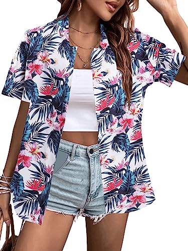 Image of ASTANFY Hawaiian Shirt Women Hawaii T-Shirt Tropical Floral Printed V Neck Shirts Soft Cool Summer Beach Button Up Blouse