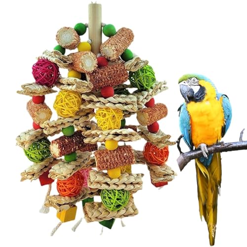 lisetar Bird Toys for Large Parrots, Hanging Bird Toy for African Grey, Macaws, Cockatoos, Amazon Parrots, with Rattan Balls, Wooden Beads and Natural Chew Materials (Colorful, 13in x 8in)