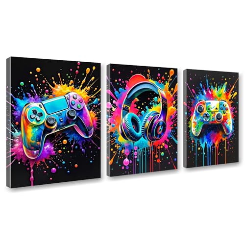 3Pcs Gaming Room Wall Decor Game Canvas Wall Art Colorful Gaming Posters Pictures Cool Video Game Prints Paintings Artwork for Men Teen Boys Room Gamer Bedroom Cybercafe Decorations 12x16 Inch Framed