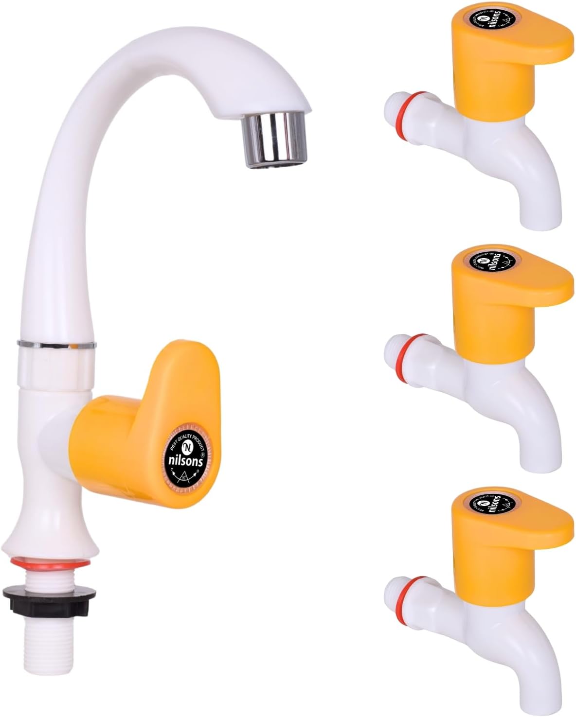 Royal Yellow Combo Pack | 1 Pc Pillar Tap + 3 Pc Bib Tap | Plastic Water Tap Set for Kitchen, Wash Basin, Bathroom | Deck & Wall Mounted | Leakproof | Rust-Free | Unbreakable Body | ½ Inch Fit