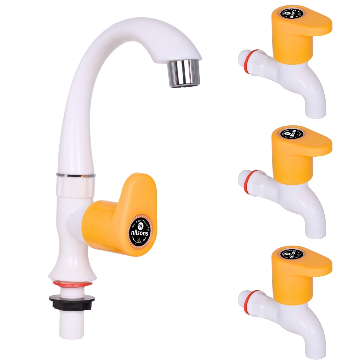 Royal Yellow Combo Pack | 1 Pc Pillar Tap + 3 Pc Bib Tap | Plastic Water Tap Set for Kitchen, Wash Basin, Bathroom | Deck & Wall Mounted | Leakproof | Rust-Free | Unbreakable Body | ½ Inch Fit