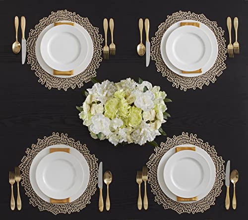 Benson Mills Bloom Pressed Vinyl Placemat Set Of 4, Kitchen And Dining Table Mats, Special Occasion, Wedding, Everyday, Holiday Table Décor (15.5" Round, Set Of 4, Gold) #TOP1