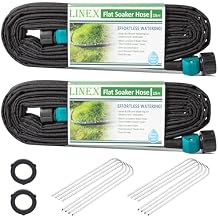 LINEX Flat Soaker Hose 30 ft for Garden Beds, 1/2 x 15 ft 2 Pack Drip Hoses Irrigation Sprinkler Heavy Duty Save Water 80% for Vegetable