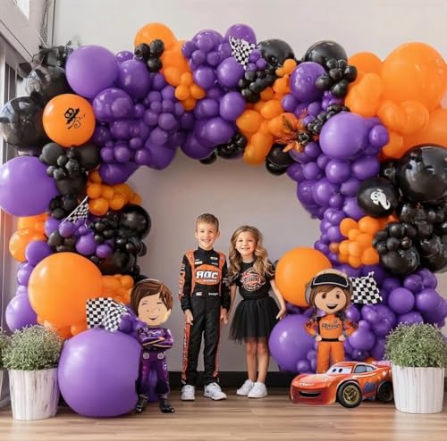 Image of Purple Orange Balloon Arch Kit, Double Stuffed Purple Lavender Orange Black Balloon Garland for Basketball Sport Theme Birthday Race Car Magic Graduation Baby Shower Party Decorations