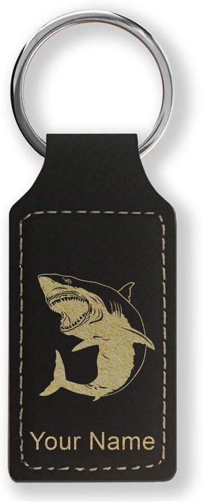 LaserGram Rectangle Keychain, Great White Shark, Personalized Engraving Included (Black with Gold)