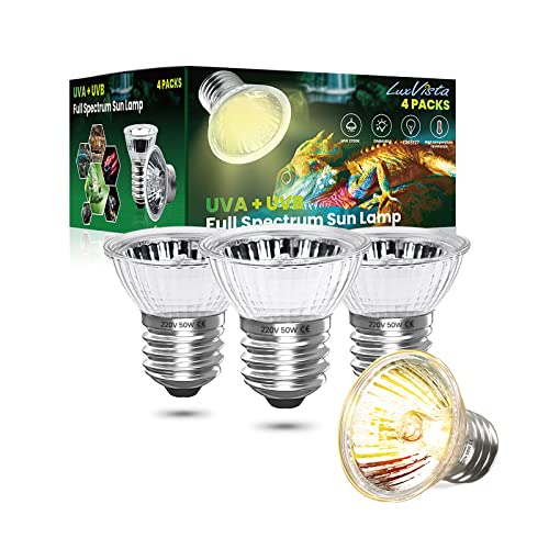 Luxvista E27 50W Bombilla de Calentamiento de Reptiles, UVA UVB Lámpara Solarde Espectro Completo Toma el Sol, para Reptiles y Anfibios Lagarto Tortuga Araña Serpiente (4 Unidades, Luz Cálida 2700K)