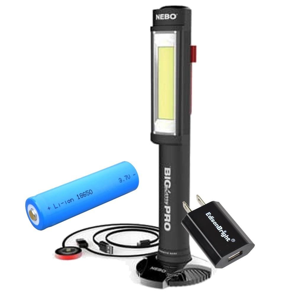 EdisonBright Nebo 6640 Big Larry Pro 500 Lumen USB Rechargeable Flashlight COB LED Magnetic Worklight USB Charger Bundle Home Improvement