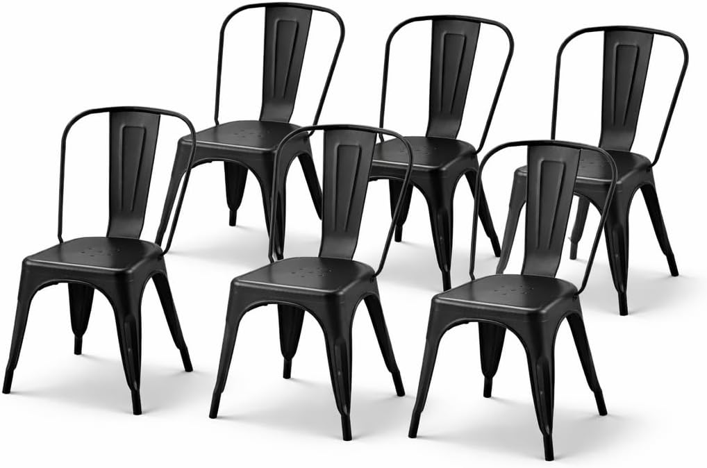 Metal Dining Chairs Set of 6 Iron Tolix Chair Stackable Outdoor/Vintage/Kitchen Restaurant Indoor Outdoor Matte Midnight Black