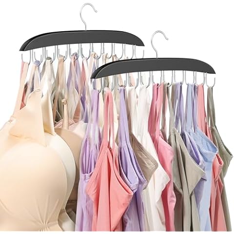 Rhino Valley Bra Hanger for Closet, 2 Pack Tank Top Hanger with 20 Hooks Holds 40 Bra, Foldable Space Saving Hangers, 360° Rotating Wood Closet Hangers Organizer for Tank Top Bra Scarf Tie for Dorm Cover