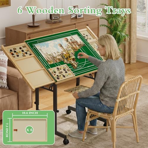 Image of CODACE Puzzle Table with Drawers - 1500 Pieces Folding Puzzle Tables for Adults, Tilting Jigsaw Puzzles Board with Sorting Trays, Table with Adjustable Height Legs and Wheels，Present for Puzzles Lover