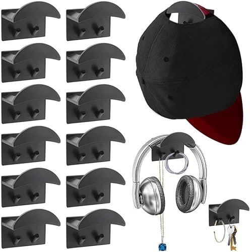 Meltset - Ganchos adhesivos para sombreros de pared, organizador para gorras de béisbol, paquete de 12 percheros sin perforaciones, multiusos,