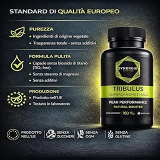 Tribulus Terrestris, Estratto di frutto con il 90% di saponine, Ashwagandha 10:1, Maca Nera 20:1, Zinco, Selenio, Calcio e Vitamina D – 160 capsule – Integratore alimentare di Synergie Nutrition