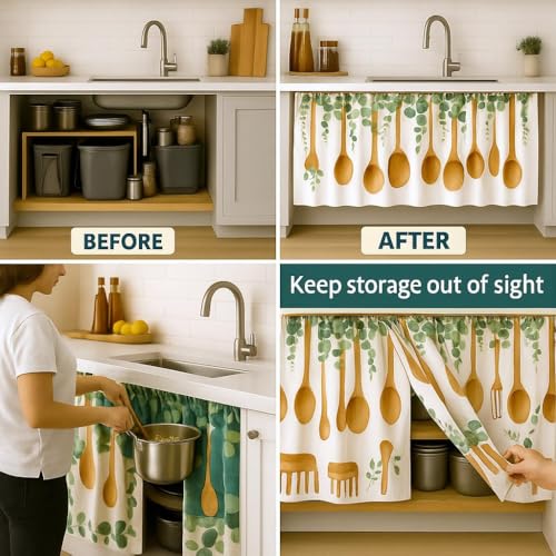 Image of Premium Printed Kitchen Sink Curtain with Rod Pocket | Under Sink Storage Cover | Washable Dustproof Cabinet Curtain for Kitchen Counter, Wash Basin (CHAMCHI, Pack of 2)