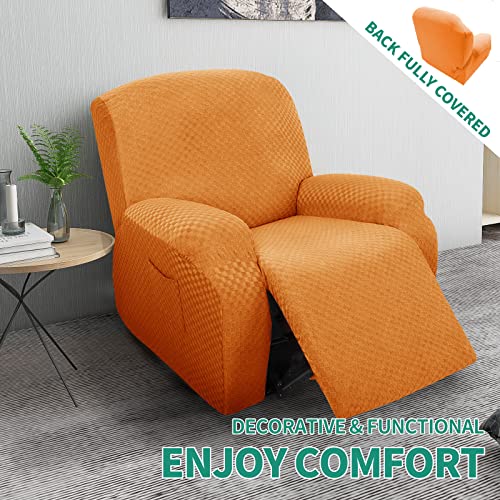 Image of YEMYHOM 4 Pieces Stretch Recliner Slipcover Jacquard Recliner Chair Cover with Side Pocket Anti-Slip Fitted Recliner Cover Couch Furniture Protector with Elastic Bottom (Recliner, Orange)