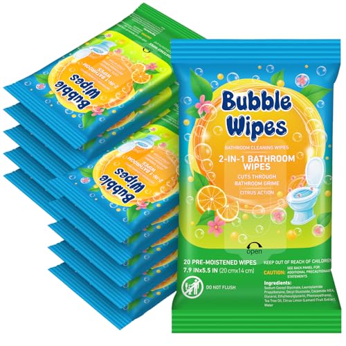 Heigble 10-pack Bathroom Cleaning Wipes 100/200 Count 2-in-1 Citrus Scent Wipes Cleaner for Bathroom Toilet Sink Tile & Shower -Reusable Sealable Pouch No Scrubbing Needed