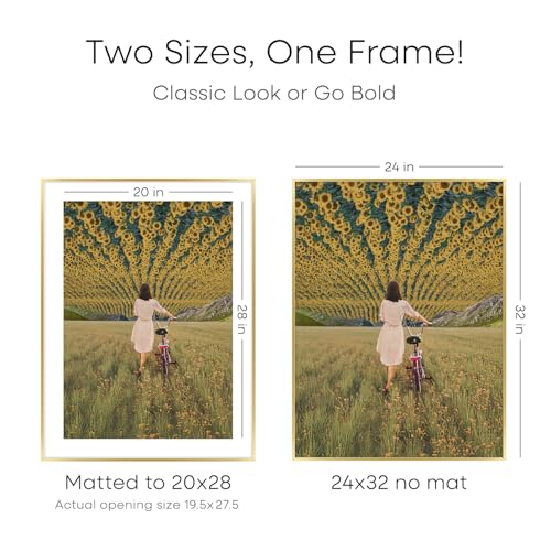 Image of Homeforia 24x32 Poster Frame Gold, High End Metal 24 x 32 Large Picture Frames with Mat 20 by 28 for Photo, 24x32 Gold Frame Matted to 20x28 inch Print, 32x24 Frame, Tempered Glass, Wall Kit, Set of 1