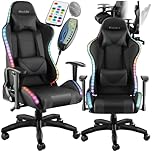 tectake® Sedia da Gaming, Sedia per Gamer con LED e Funzione Massaggio, Schienale e Braccioli Regolabili, Cuscino Lombare Rimovibile, Rotazione a 360°, Ergonomica, Poltrona Ufficio - Nero/Nero