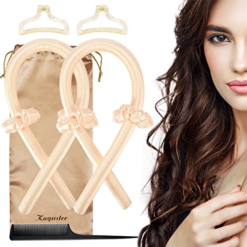 2 Pcs Heatless Curling Rod Headband ,100% Silk Soft Foam Heatless Hair Curlers For Long Hair, Heatless Curls, No Heat Silk Curls Headband, Curling Rod for Natural Hair in Overnight(Champagne)