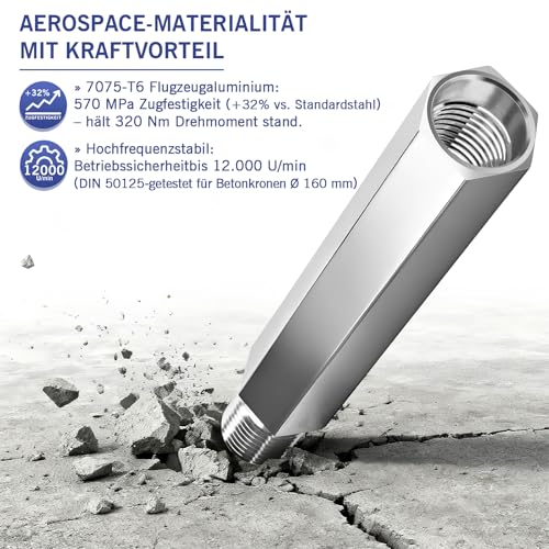 500mm Diamantbohrkrone Verlängerung aus Aluminiumlegierung, Robuste und Leicht | Anschluss 1 1/4’’ UNC | IPX7 | für Kernbohrgerät Kernbohrer Diamantbohrkronen Dosenbohrer Kernbohrkrone (1 Stück)