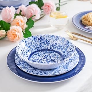 Melamine Dinnerware Set, 12 Piece Service for 4, Blue and White Porcelain Tableware Dishes for Indoor and Outdoor Use, Unbreakable Plates and Bowls Sets, Dishwasher Safe BPA Free