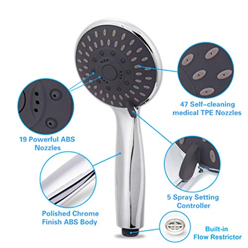 Handheld Shower Head High Pressure 5 Spray Settings Detachable Hand Held Showerhead Chrome Face with Hose and Bracket, Simple Tool-free Installation