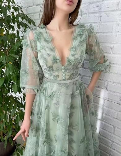 Long Tulle Prom Dresses V Neck Puffy Long Sleeve Formal Evening Gowns A Line Floor Length Party Dress with Pockets4