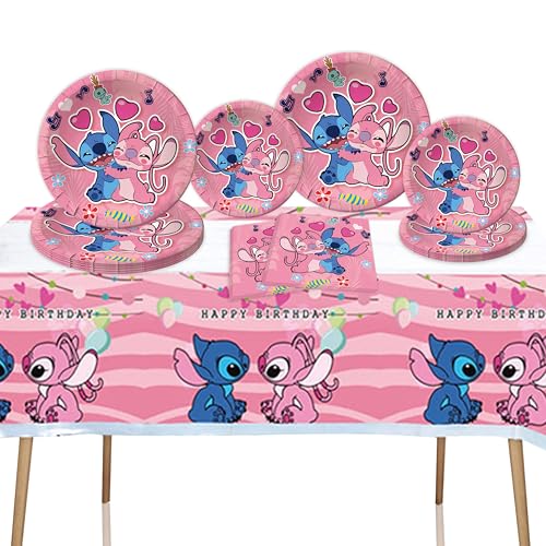 41PCS Pink Stitch Party Set 20 Plates 20 Napkins & 1 Tablecover. Perfect for Stitch-themed birthdays! Features cute pink Stitch prints durable plates and easy cleanup. Ideal for kids parties!