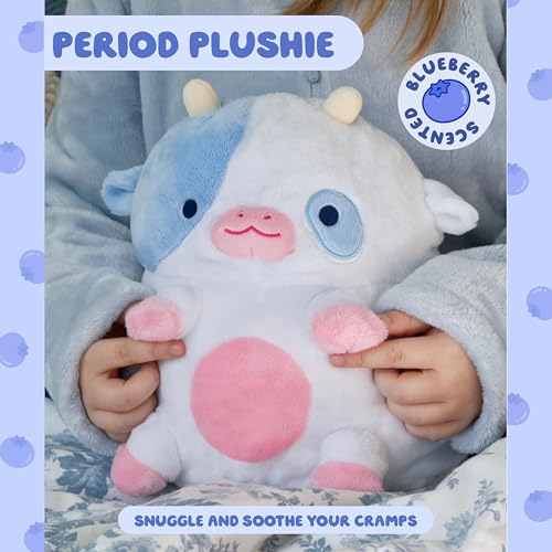 Image of Heatable Scented Cow Plush for Period Cramp Relief & Emotional Support, Microwavable Soft Toy Plushies, Coolable Stuffed Animal for Anxiety, Cute Heating Pad for Pain Relief (Blueberry)