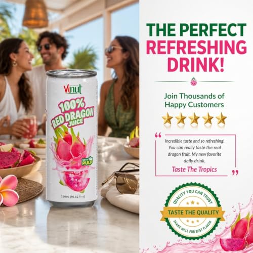 Image of VINUT 100% Red Dragon Fruit Juice with Pulp (Pitaya), No Added Sugar, Not From Concentrate, Gluten Free & Non-GMO Drink, 100% Vegan /Plant-Based, 10.82 fl oz Cans (Pack of 12)