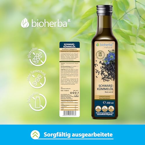 Schwarzkümmelöl 250 ml - Bioherba - Für Küche, Haut und Haarpflege - EU-Organic - Kaltgepresst & ungefiltert