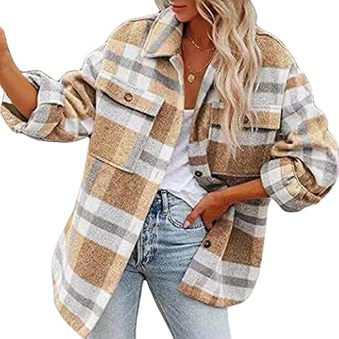Women's Plaid Shirt Jacket with Pocket Lapel Plaid Print Woolen Jacket Flannel Long Sleeve Down Jacket Autumn Plaid Coat Cover